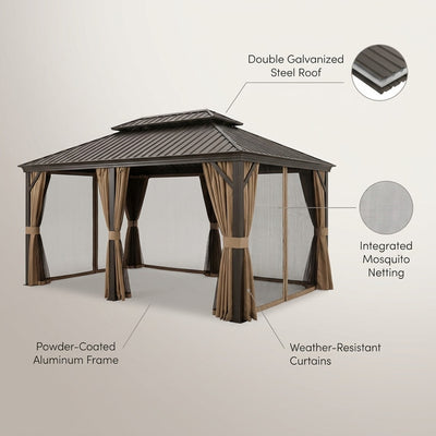 14 Ft. X 22 Ft. Double Galvanized Steel Roof Aluminum Frame Outdoor Patio Hardtop Gazeb with Netting and Curtains