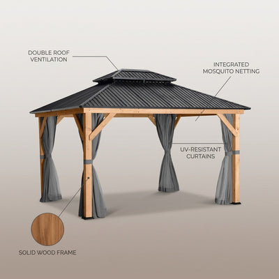 11 Ft. X 13 Ft. Double Roof Hardtop Wooden Patio Gazebo with Netting and Gray Curtains