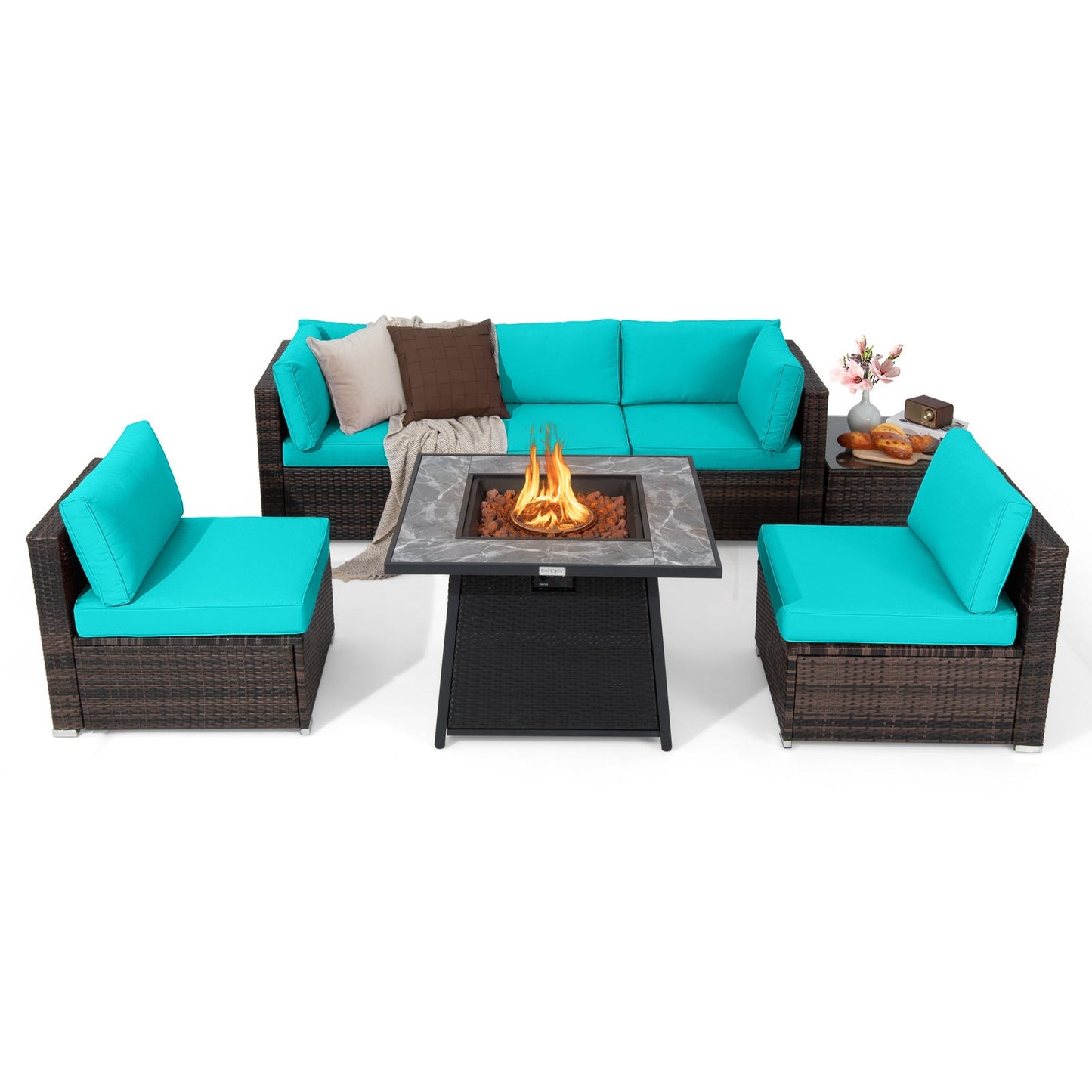 7 Pieces Patio Furniture Set with Propane Gas Fire Pit Table