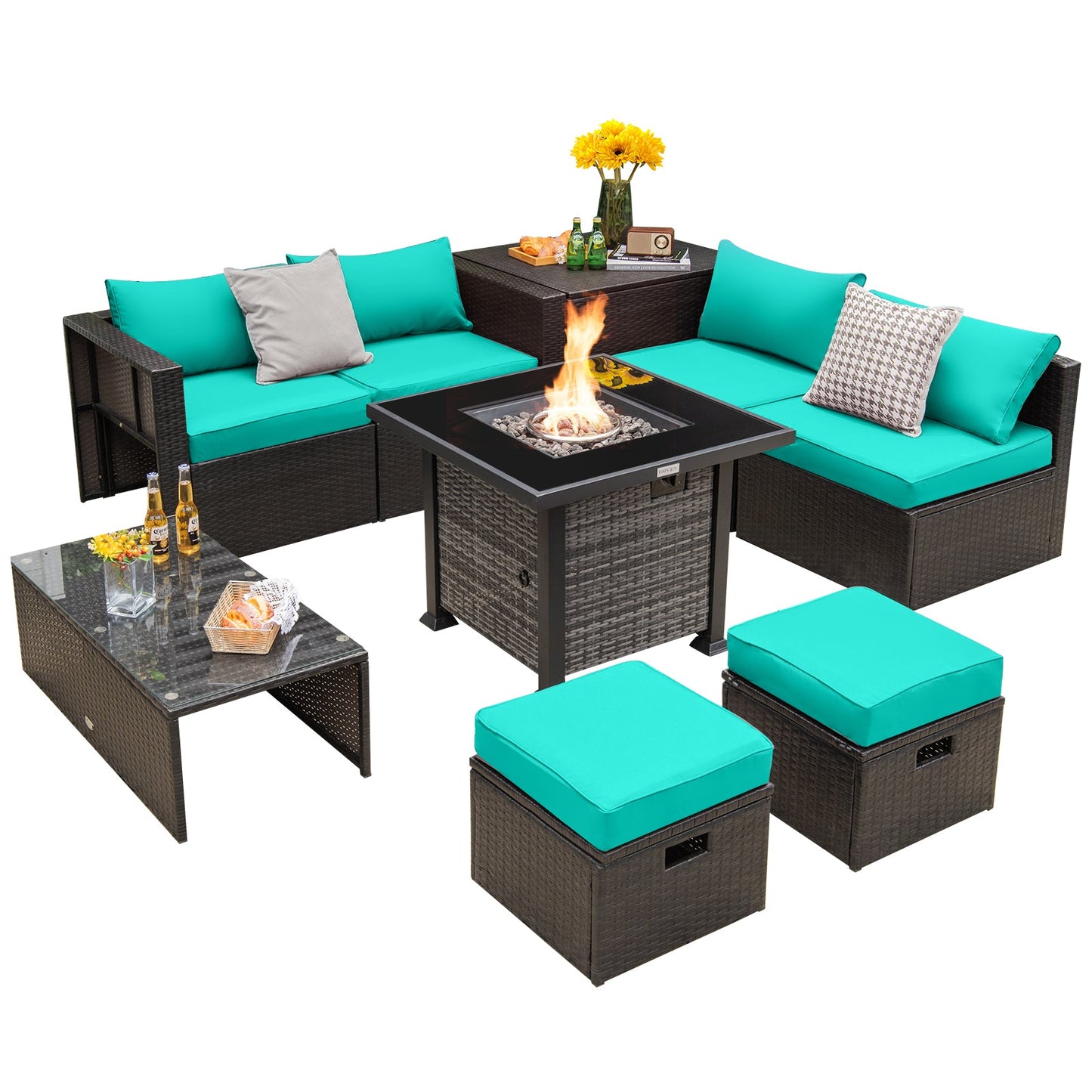 Outdoor 9 Pieces Patio Furniture Set with 50 000 BTU Propane Fire Pit Table