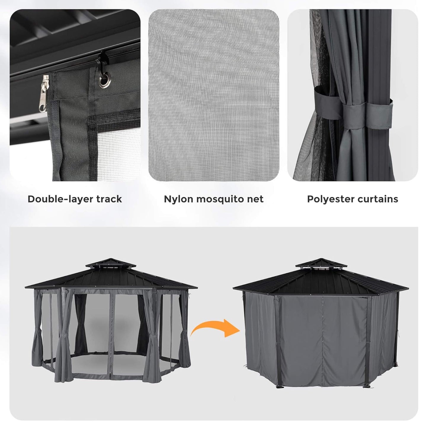 Alora Hardtop Hexagonal Gazebo With Curtains And Netting