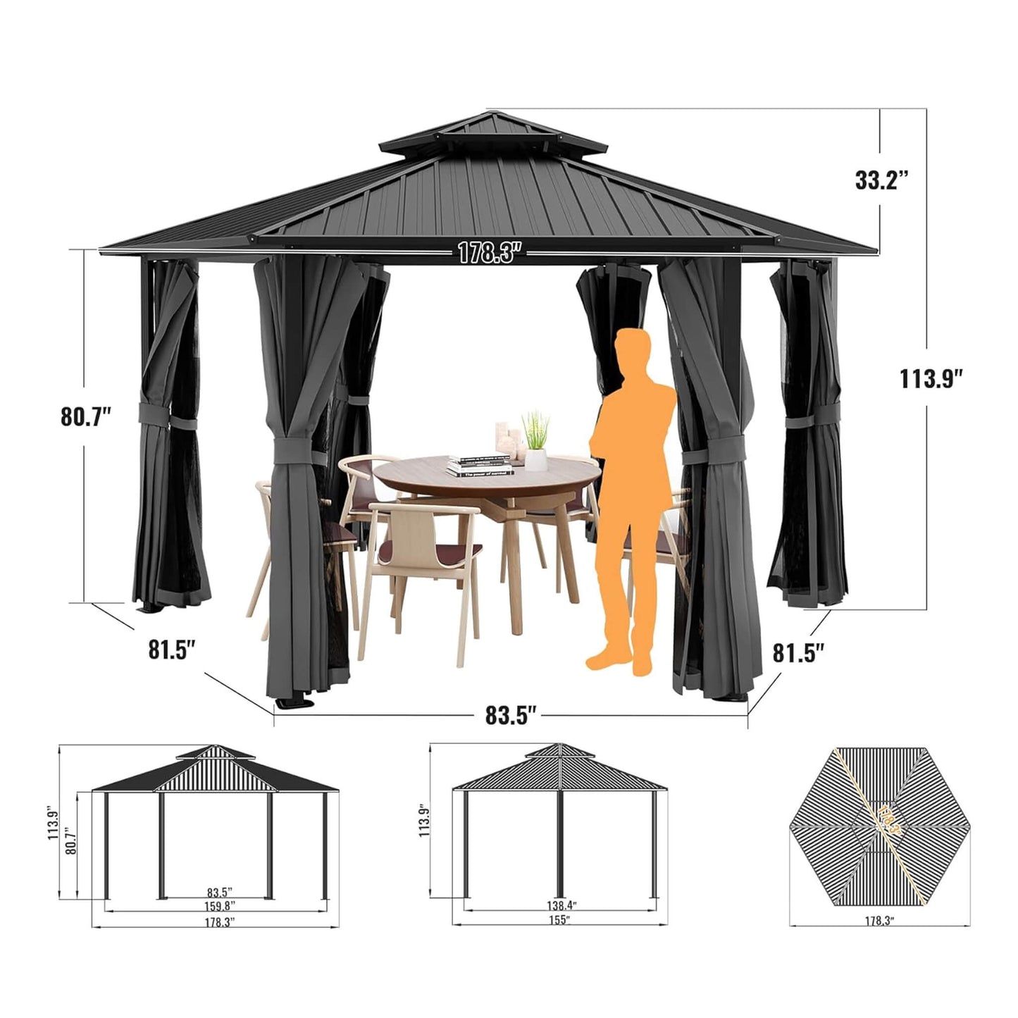 Alora Hardtop Hexagonal Gazebo With Curtains And Netting