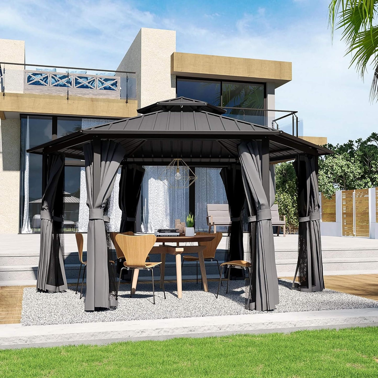 Alora Hardtop Hexagonal Gazebo With Curtains And Netting