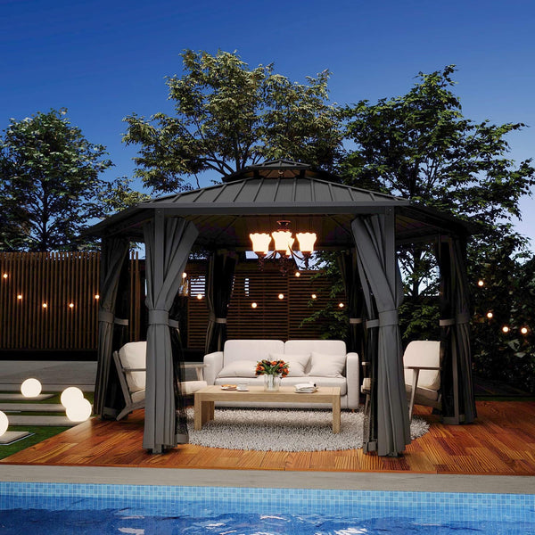 Alora Hardtop Hexagonal Gazebo With Curtains And Netting