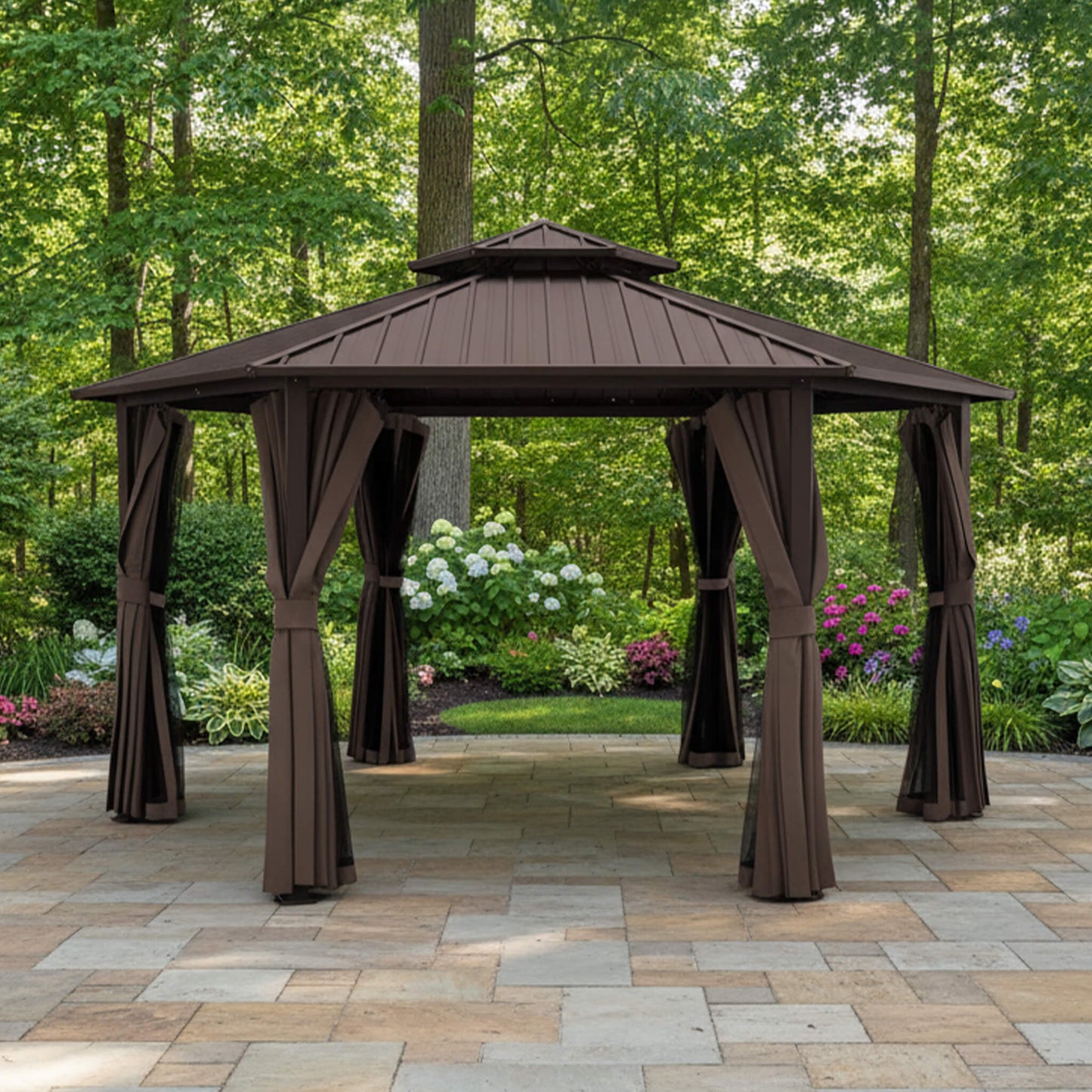 Alora Hardtop Hexagonal Gazebo With Curtains And Netting