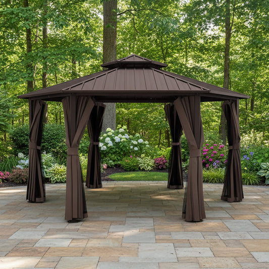 Alora Hardtop Hexagonal Gazebo With Curtains And Netting