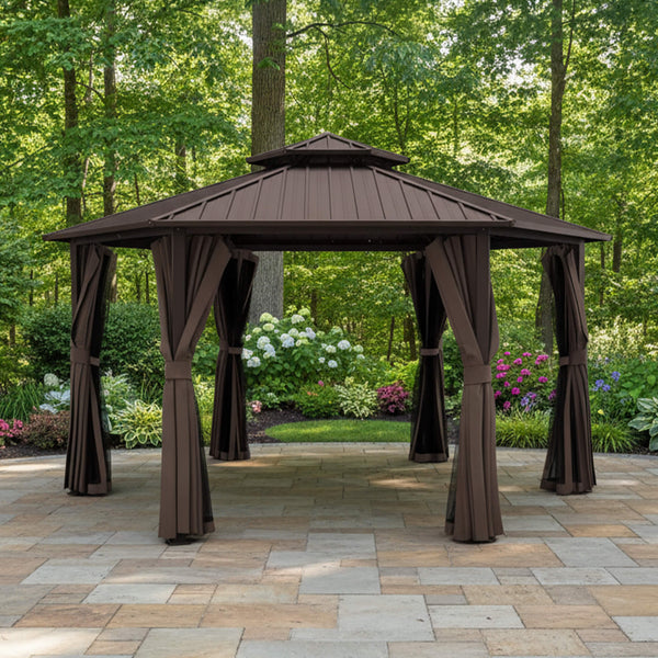 Alora Hardtop Hexagonal Gazebo With Curtains And Netting