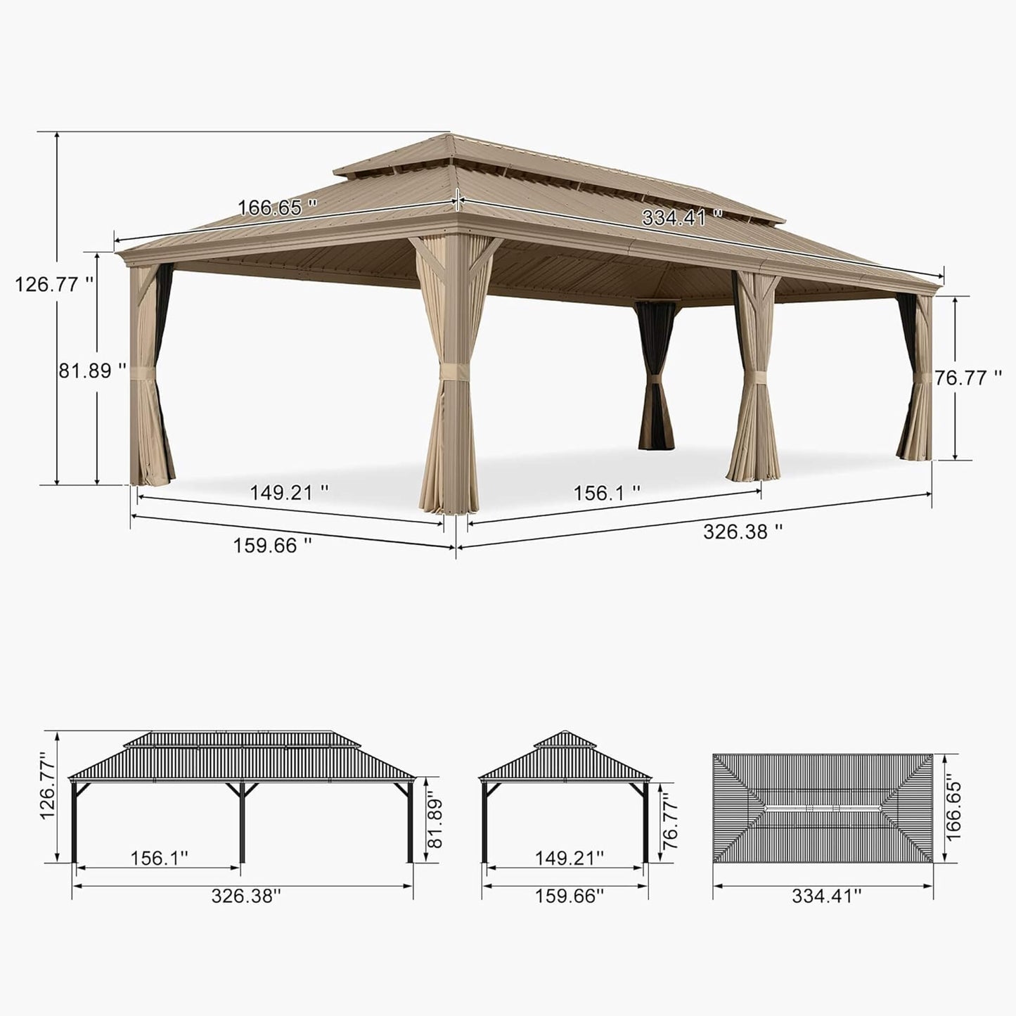 Alora Extra-Large Hardtop Gazebo With Galvanized Steel Double Roof, Curtains And Netting