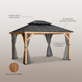 11 Ft. X 13 Ft. Double Roof Hardtop Wooden Patio Gazebo with Netting and Gray Curtains