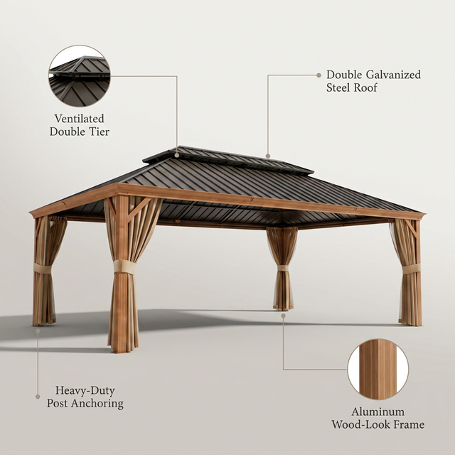 14 Ft. X 22 Ft. Double Galvanized Steel Roof Aluminum Wood-Looking Frame Outdoor Patio Hardtop Gazeb — Lifestyle
