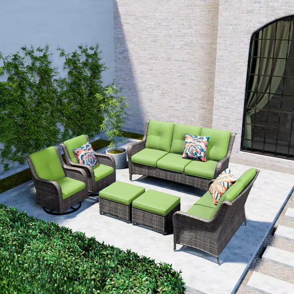 Patio Furniture Set 6-Piece Outdoor Patio Conversation Set with Green Cushions Lawn Furniture