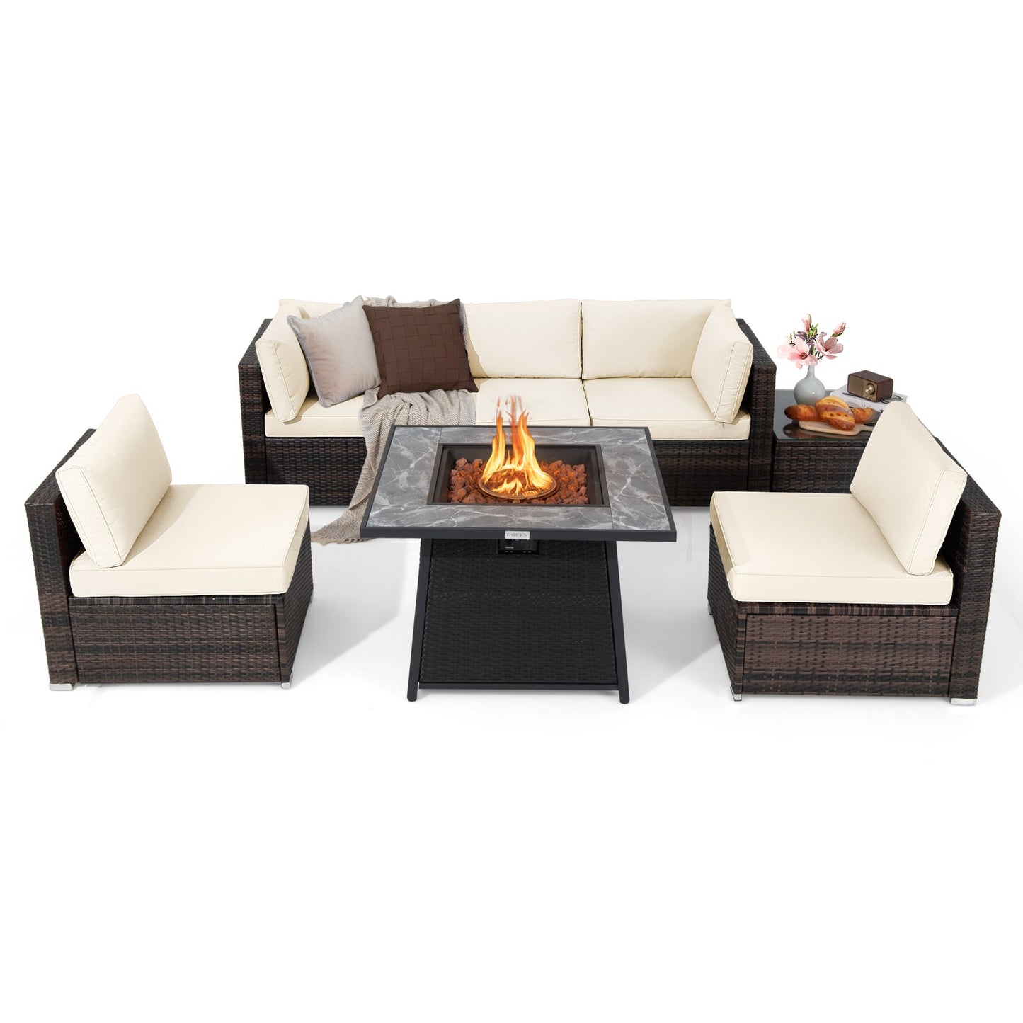 7 Pieces Patio Furniture Set with Propane Gas Fire Pit Table