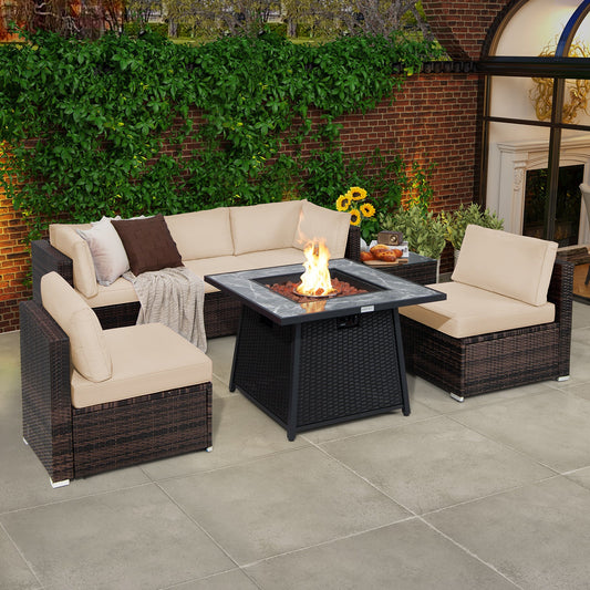 7 Pieces Patio Furniture Set with Propane Gas Fire Pit Table