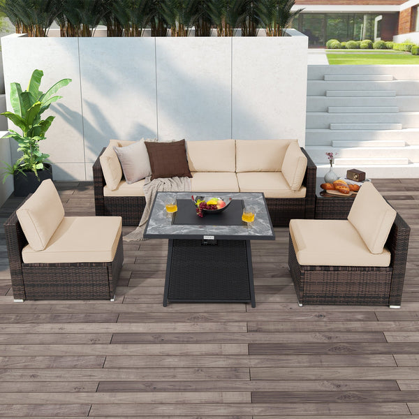 7 Pieces Patio Furniture Set with Propane Gas Fire Pit Table