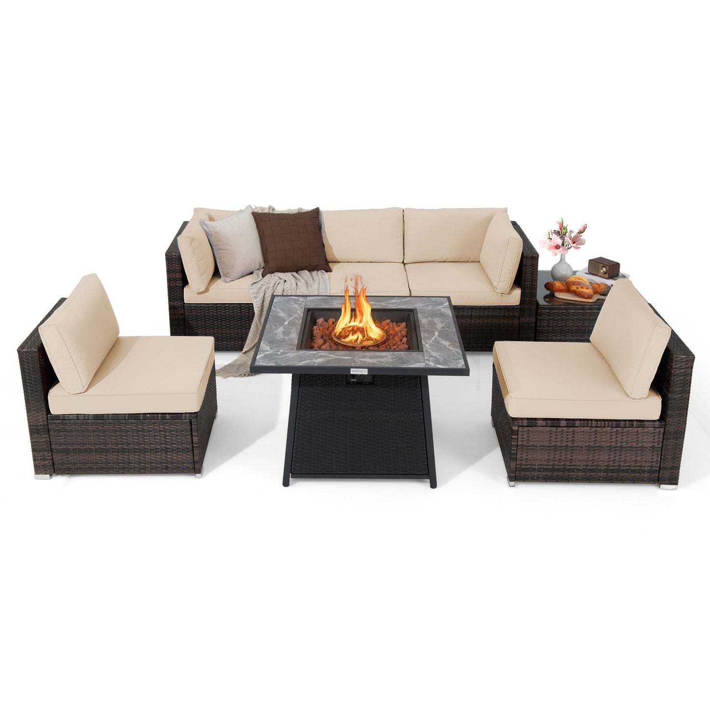 7 Pieces Patio Furniture Set with Propane Gas Fire Pit Table