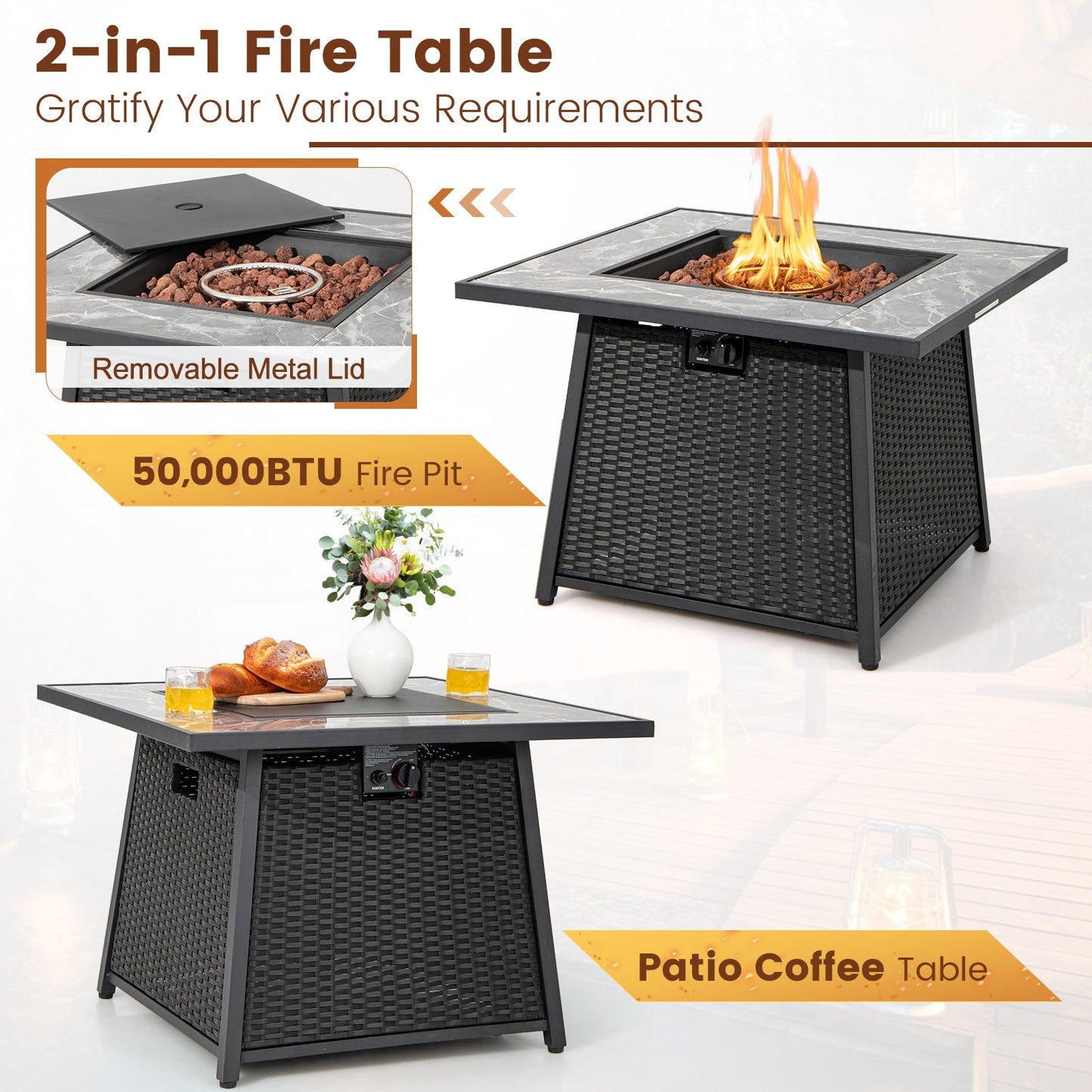 7 Pieces Patio Furniture Set with Propane Gas Fire Pit Table