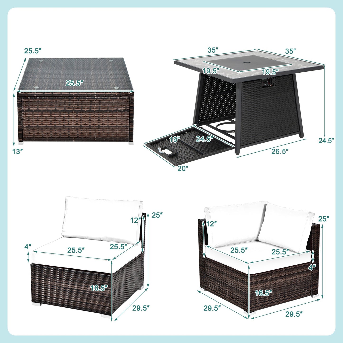 7 Pieces Patio Furniture Set with Propane Gas Fire Pit Table