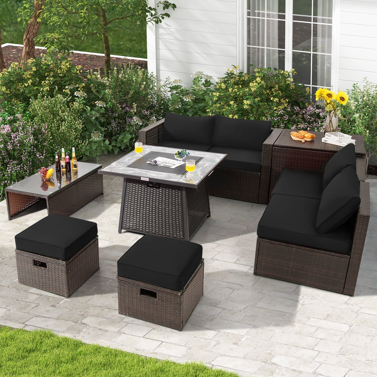 9 Pieces Patio PE Wicker Sectional Set with Fire Pit Table