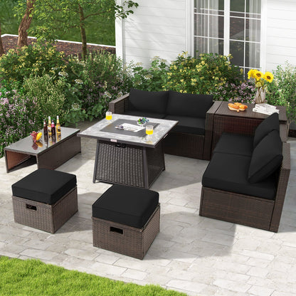 9 Pieces Patio PE Wicker Sectional Set with Fire Pit Table