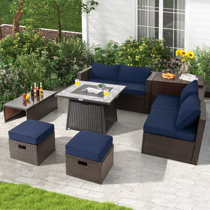 9 Pieces Patio PE Wicker Sectional Set with Fire Pit Table