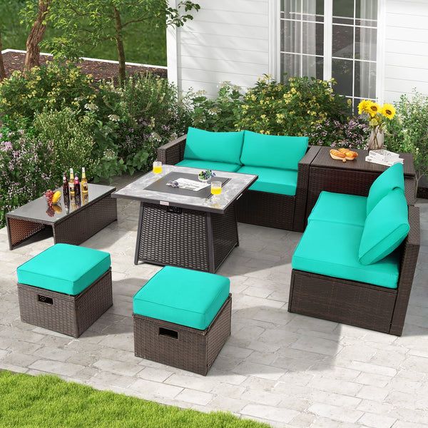 9 Pieces Patio PE Wicker Sectional Set with Fire Pit Table