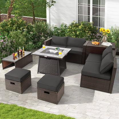 9 Pieces Patio PE Wicker Sectional Set with Fire Pit Table
