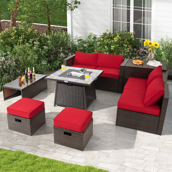 9 Pieces Patio PE Wicker Sectional Set with Fire Pit Table