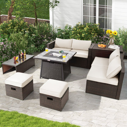 9 Pieces Patio PE Wicker Sectional Set with Fire Pit Table
