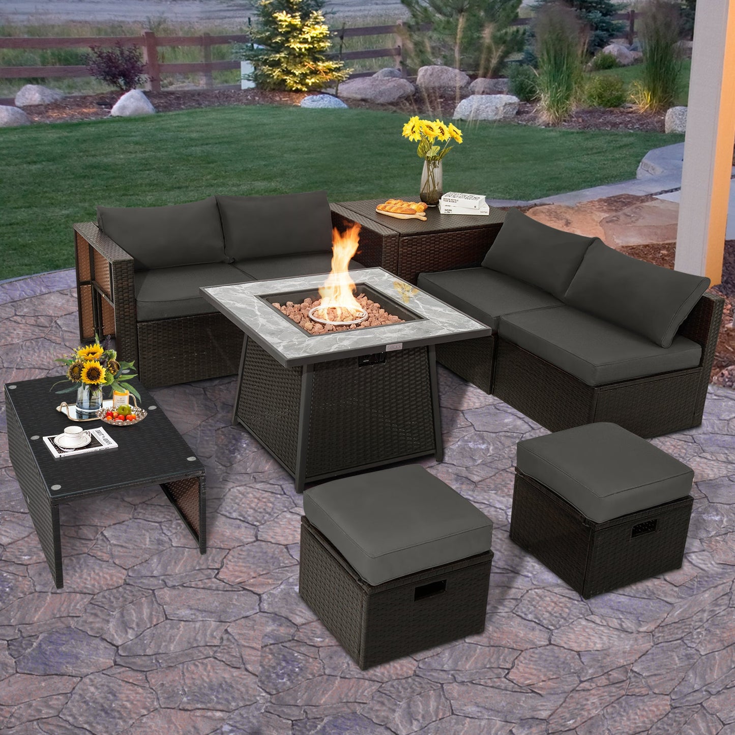 9 Pieces Patio PE Wicker Sectional Set with Fire Pit Table