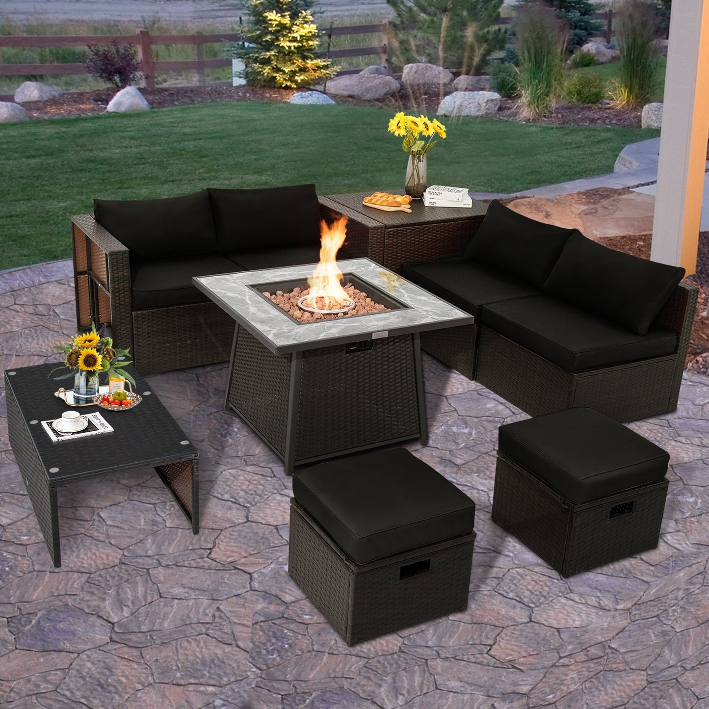 9 Pieces Patio PE Wicker Sectional Set with Fire Pit Table