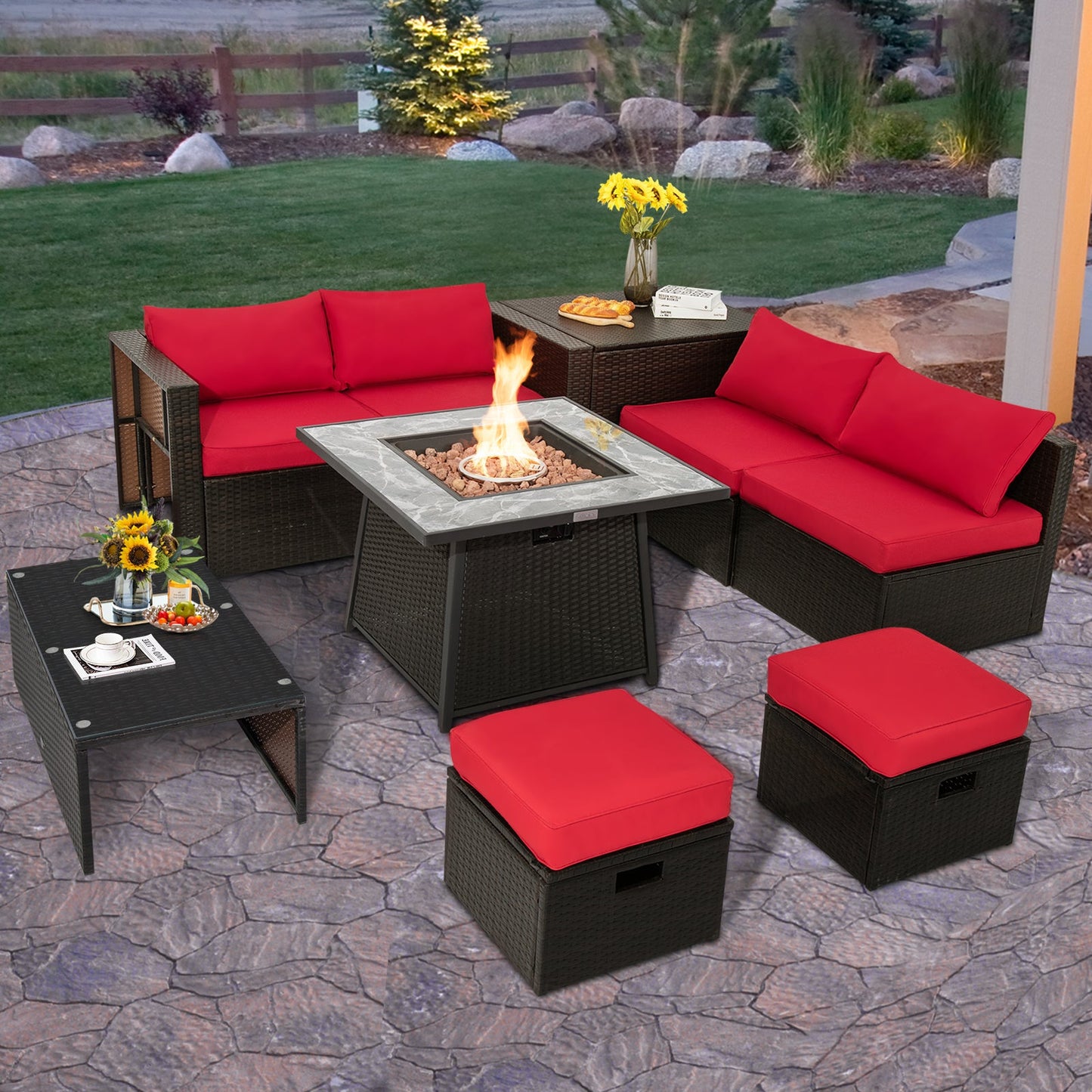 9 Pieces Patio PE Wicker Sectional Set with Fire Pit Table