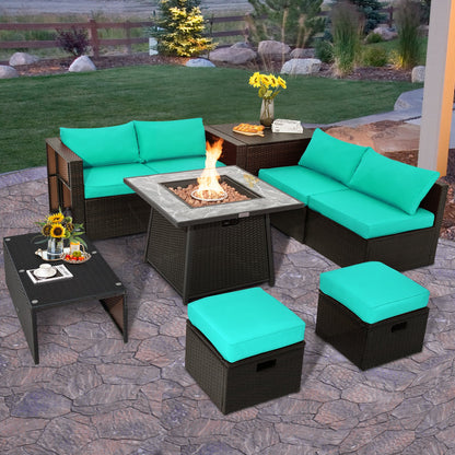9 Pieces Patio PE Wicker Sectional Set with Fire Pit Table