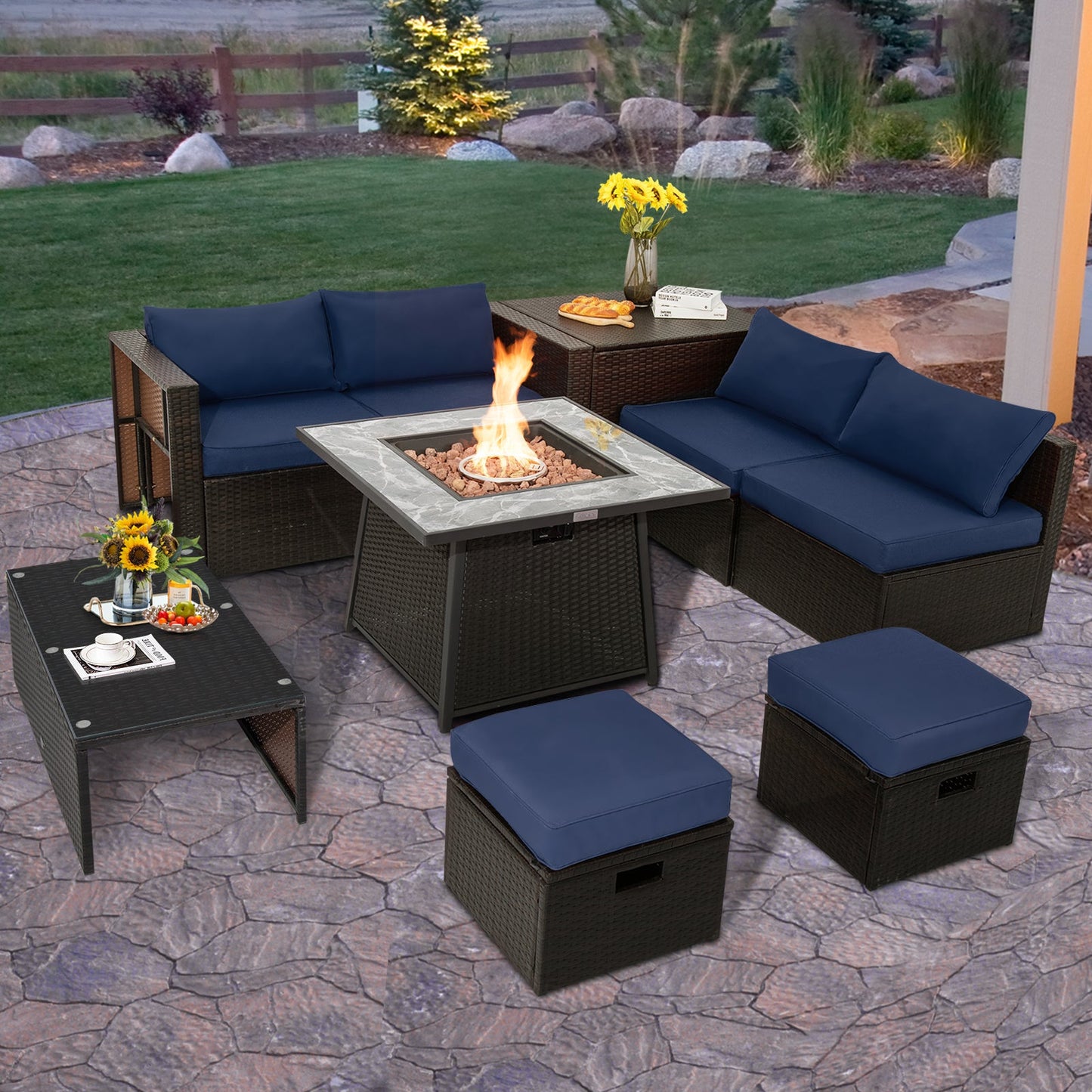 9 Pieces Patio PE Wicker Sectional Set with Fire Pit Table