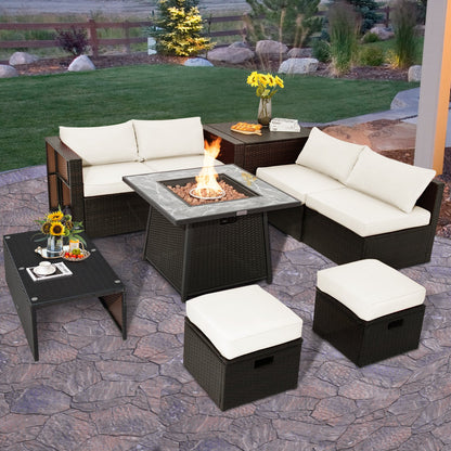 9 Pieces Patio PE Wicker Sectional Set with Fire Pit Table