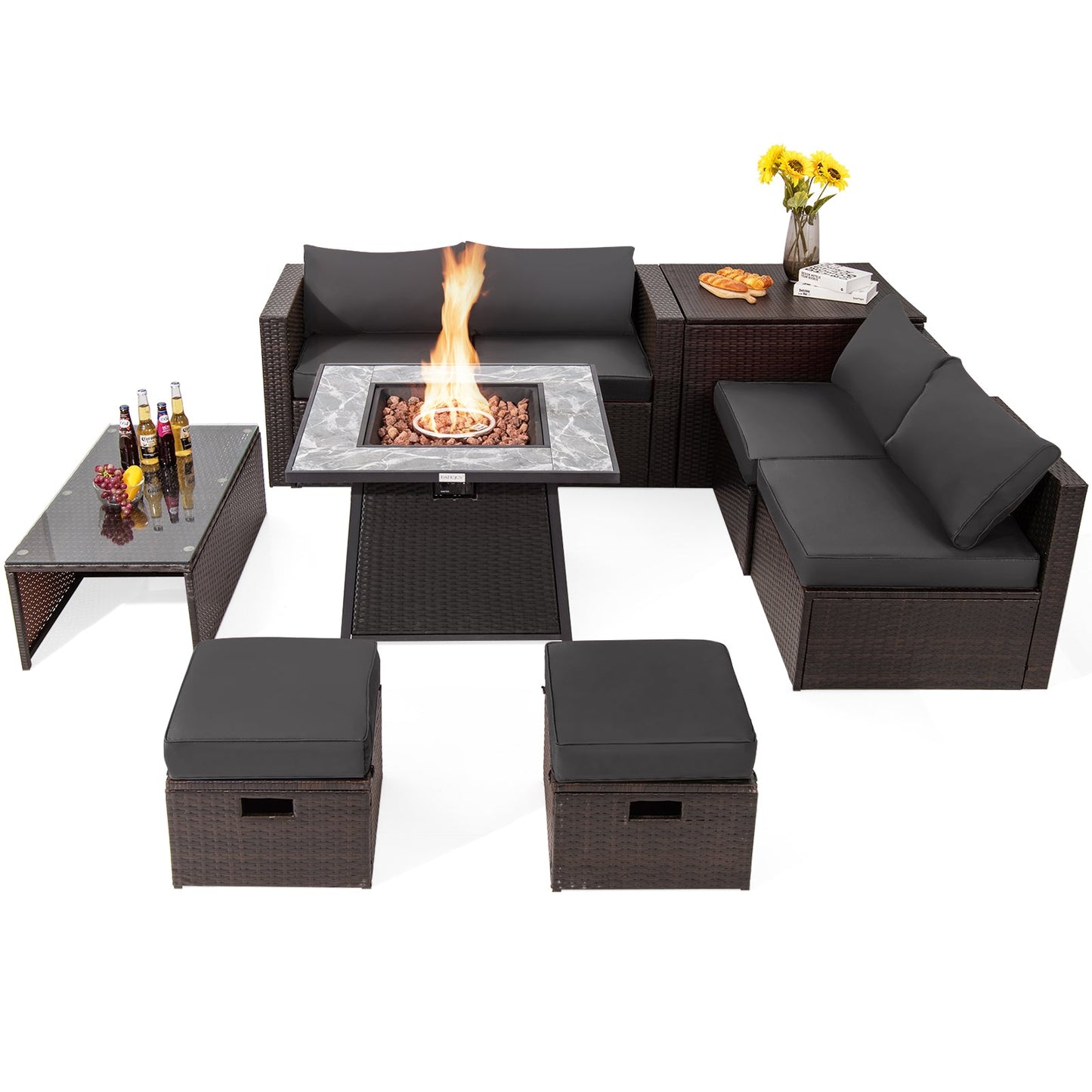9 Pieces Patio PE Wicker Sectional Set with Fire Pit Table