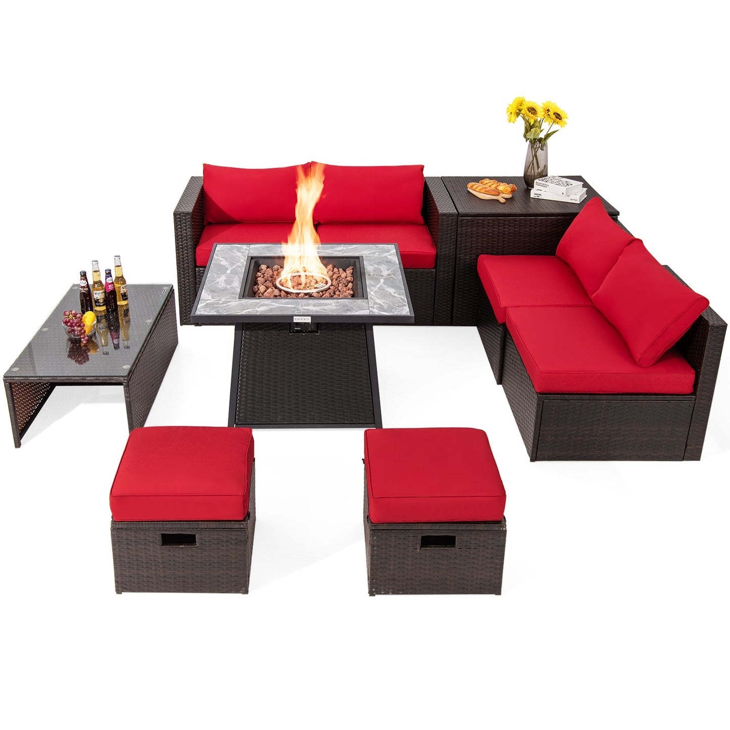 9 Pieces Patio PE Wicker Sectional Set with Fire Pit Table