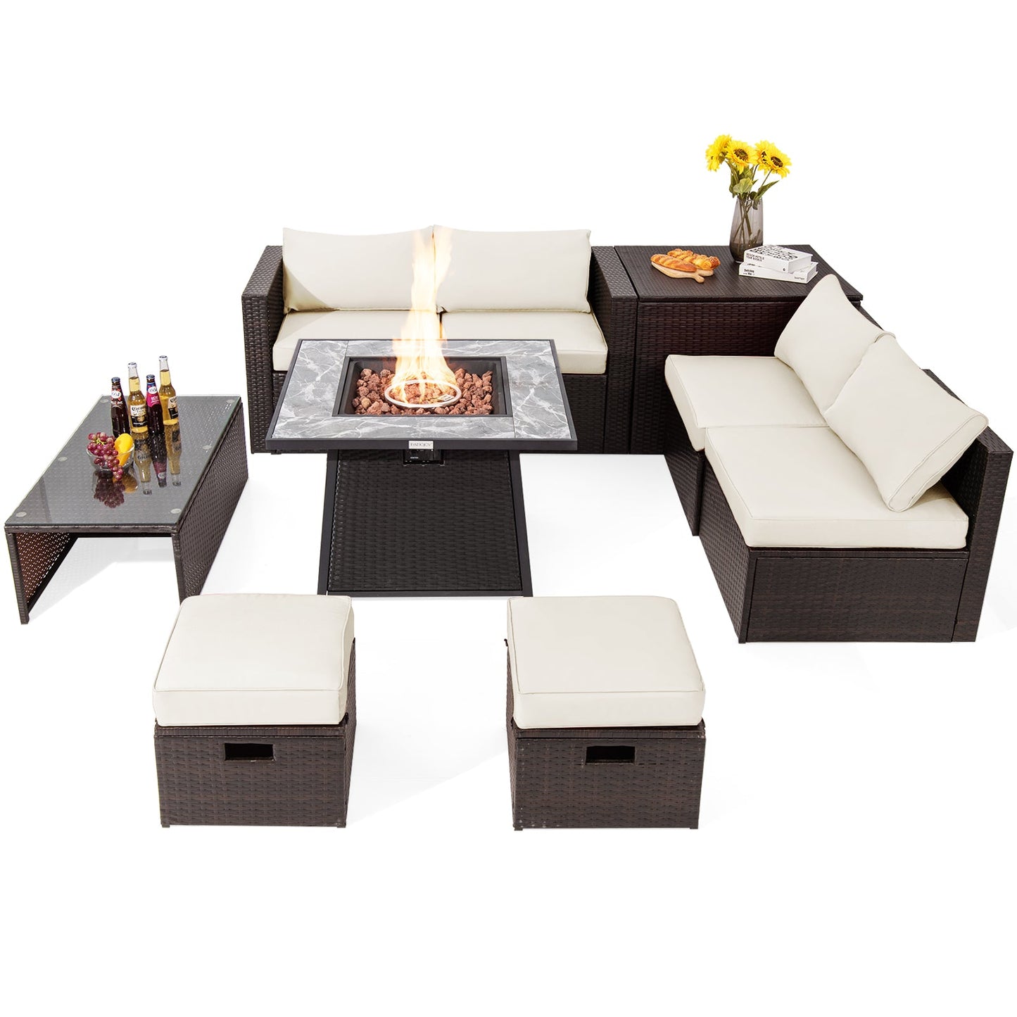 9 Pieces Patio PE Wicker Sectional Set with Fire Pit Table