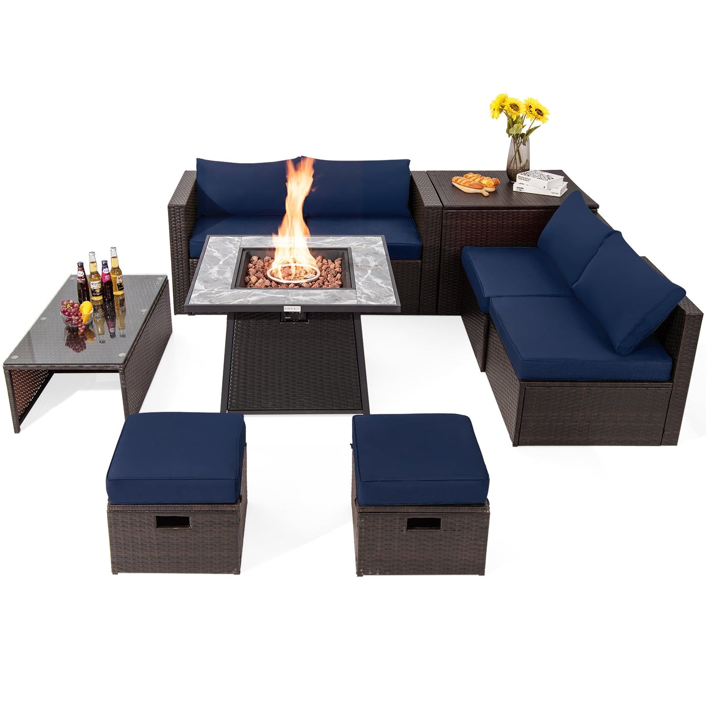 9 Pieces Patio PE Wicker Sectional Set with Fire Pit Table