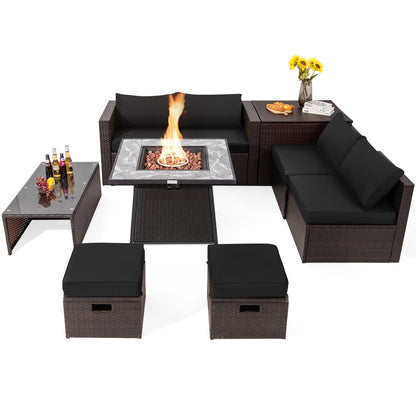 9 Pieces Patio PE Wicker Sectional Set with Fire Pit Table
