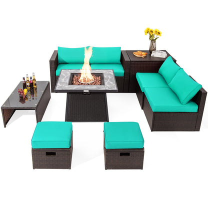 9 Pieces Patio PE Wicker Sectional Set with Fire Pit Table
