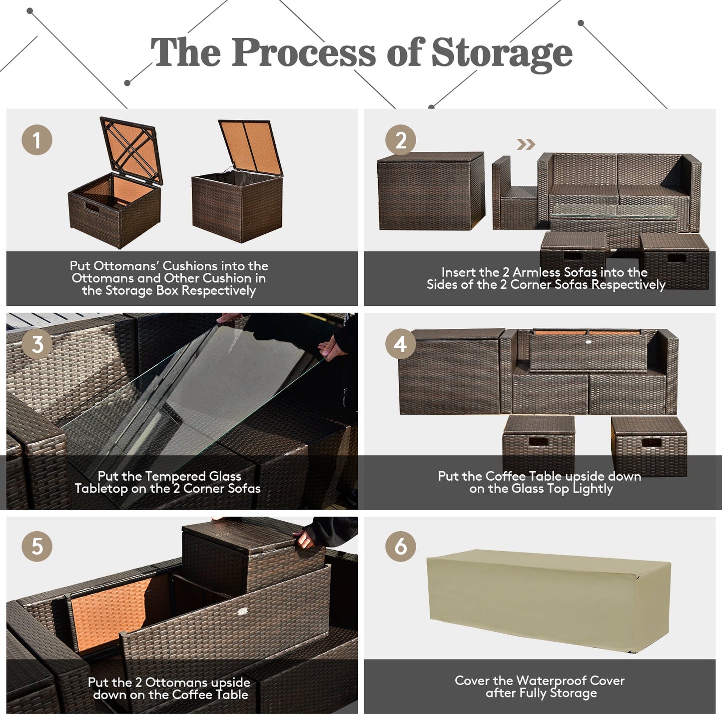 9 Pieces Patio PE Wicker Sectional Set with Fire Pit Table