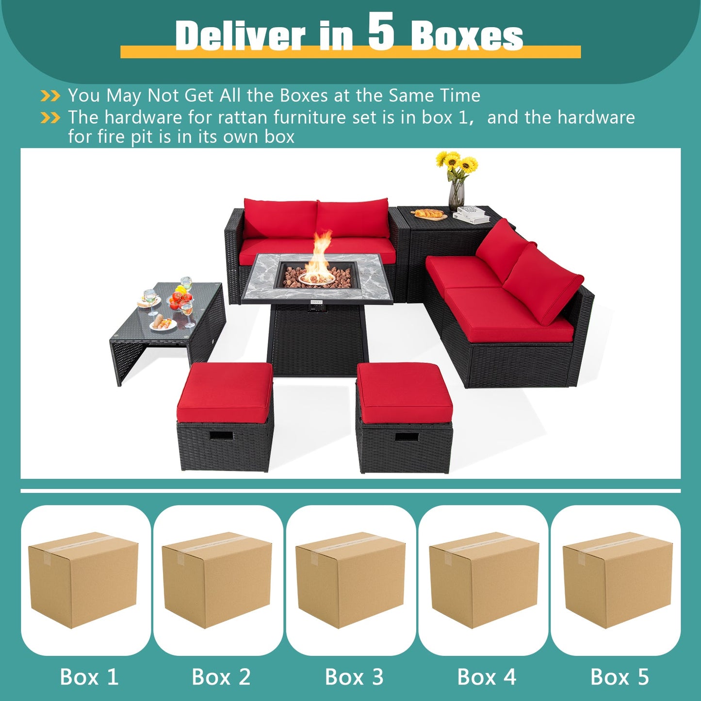 9 Pieces Patio PE Wicker Sectional Set with Fire Pit Table