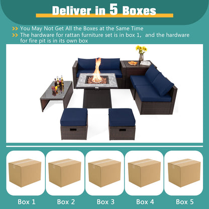 9 Pieces Patio PE Wicker Sectional Set with Fire Pit Table