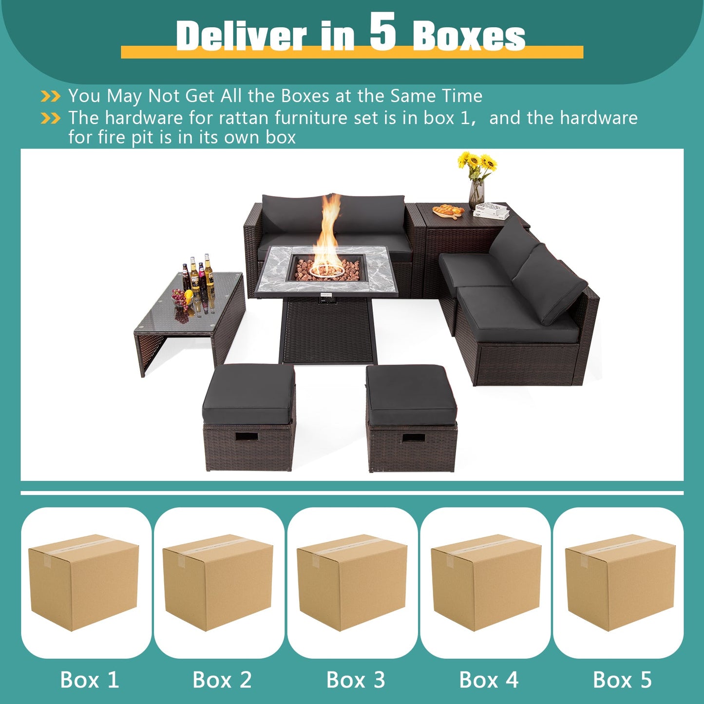 9 Pieces Patio PE Wicker Sectional Set with Fire Pit Table