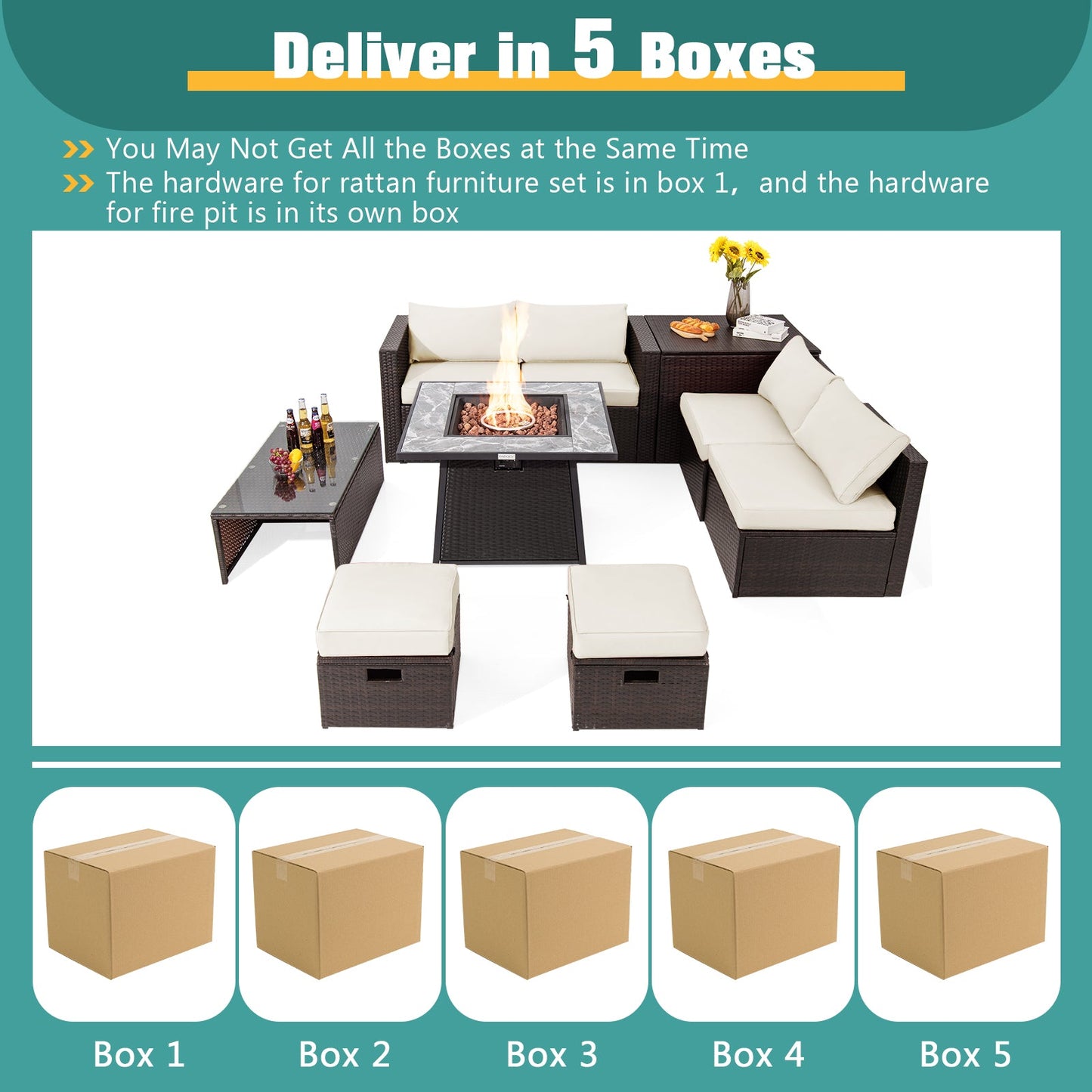 9 Pieces Patio PE Wicker Sectional Set with Fire Pit Table