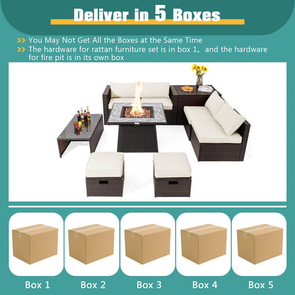 9 Pieces Patio PE Wicker Sectional Set with Fire Pit Table