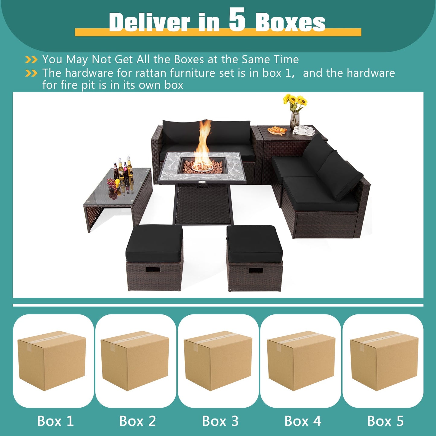 9 Pieces Patio PE Wicker Sectional Set with Fire Pit Table
