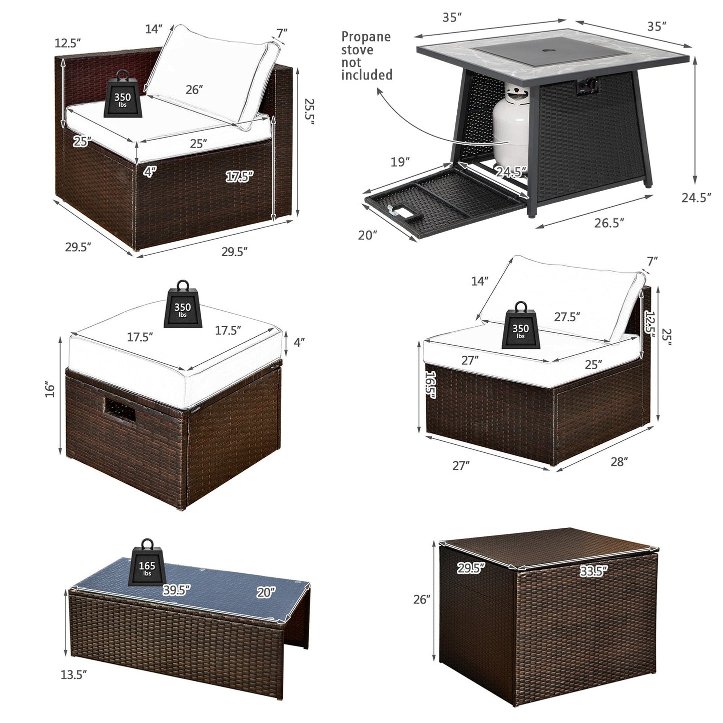 9 Pieces Patio PE Wicker Sectional Set with Fire Pit Table