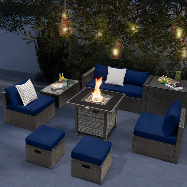 Outdoor 9 Pieces Patio Furniture Set with 50 000 BTU Propane Fire Pit Table