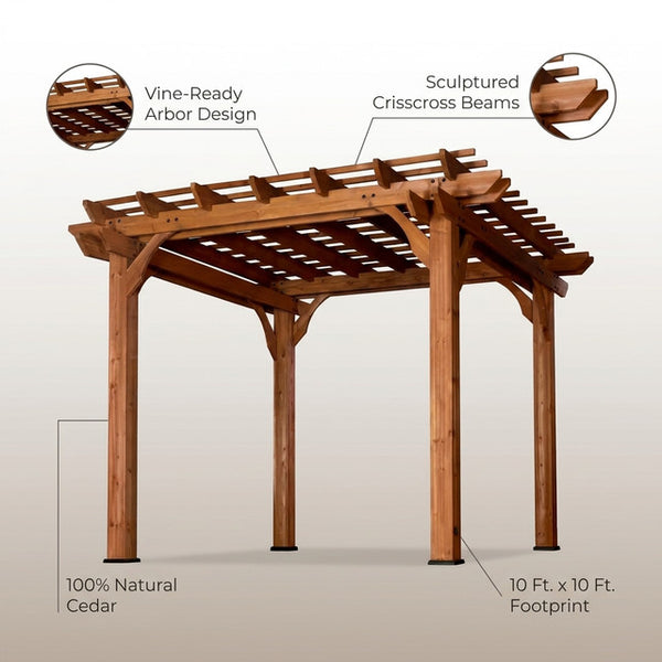 10 Ft. X 10 Ft. Traditional All Cedar Wood Outdoor Patio Pergola Shade Structure — Lifestyle